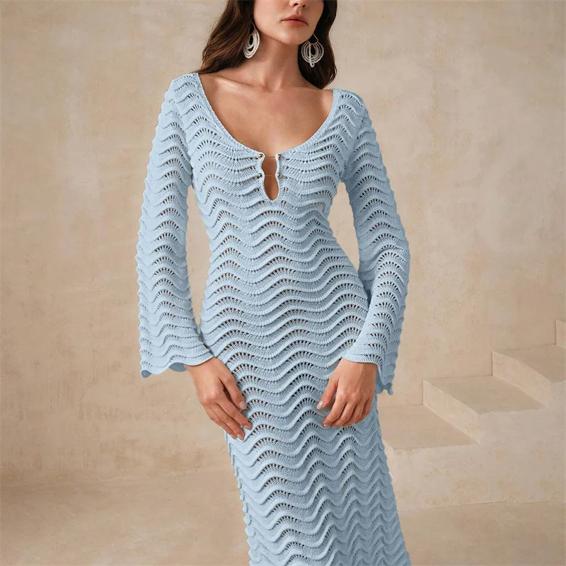 Women's Sexy Backless Lace-Up Flare Sleeve Knit Dress See-Through Crochet Bikini Cover-Up Beach Long Gown Vestido
