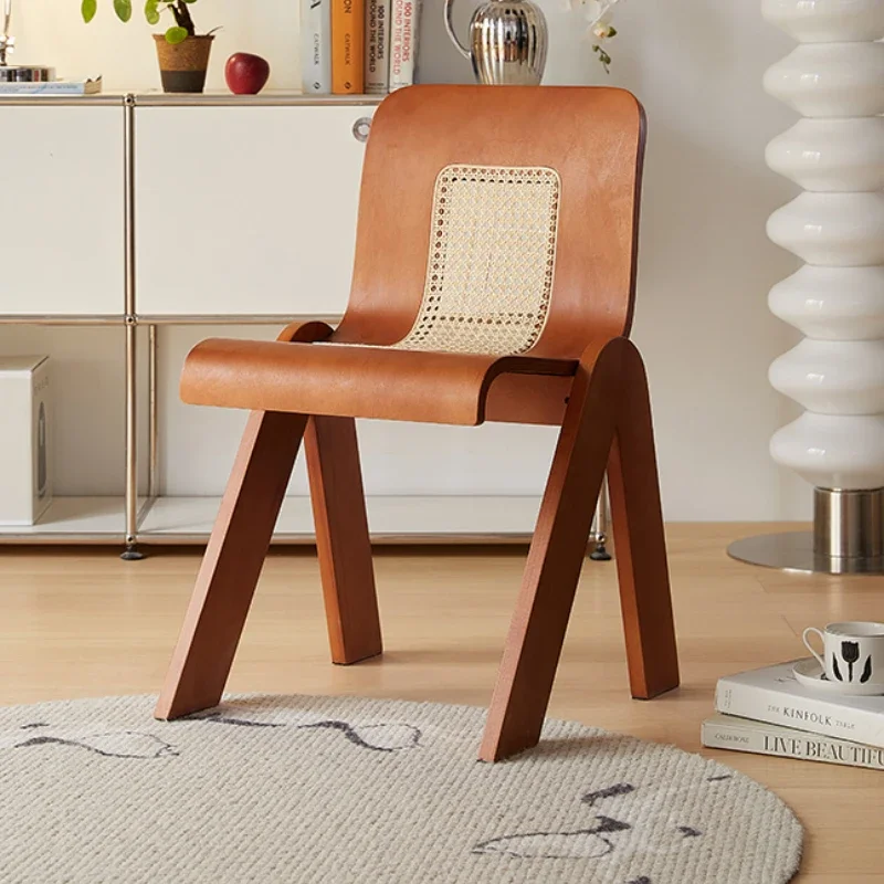 

Solid Wood + Woven Cane Dining Chair French Retro C-chair Luxe Curved Backrest Wabi-Sabi Style LivingRoom Seat Elegant Furniture