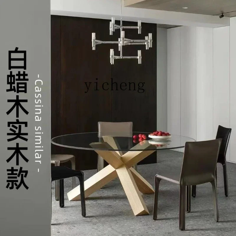 AA  minimalist ash wood base round dining table villa living room tempered glass coffee table