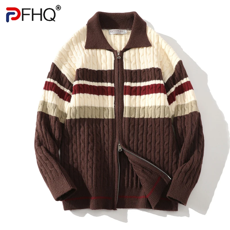 PFHQ Autumn Simple Striped Contrasting Double Zipper Lapel Knitted Cardigan Sweater 2024 Turn-down Collar Tops 21Z6351