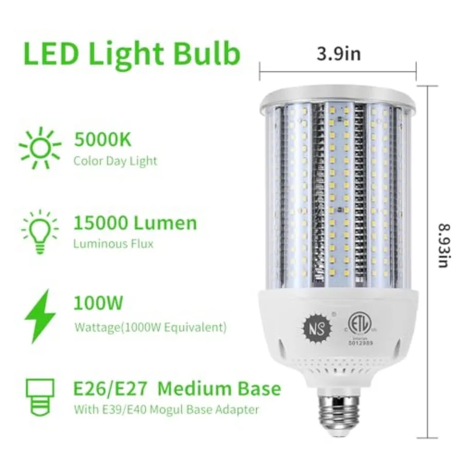 NS 1000W Equivalent LED Corn Light Bulbs, 100W Led Corn Bulb 15000 Lumens 5000K Daylight White, E26/E39 Base LED Bulbs, Large A