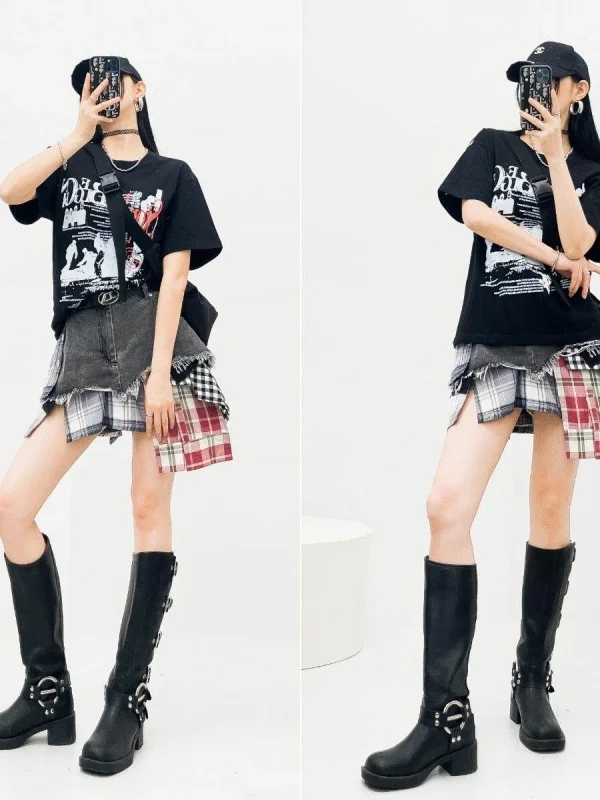 

High Waist Patchwork Design Loose Wide Leg Jeans Shorts American Retro Style Outlet Casual Skirt Pants for plus Size Women