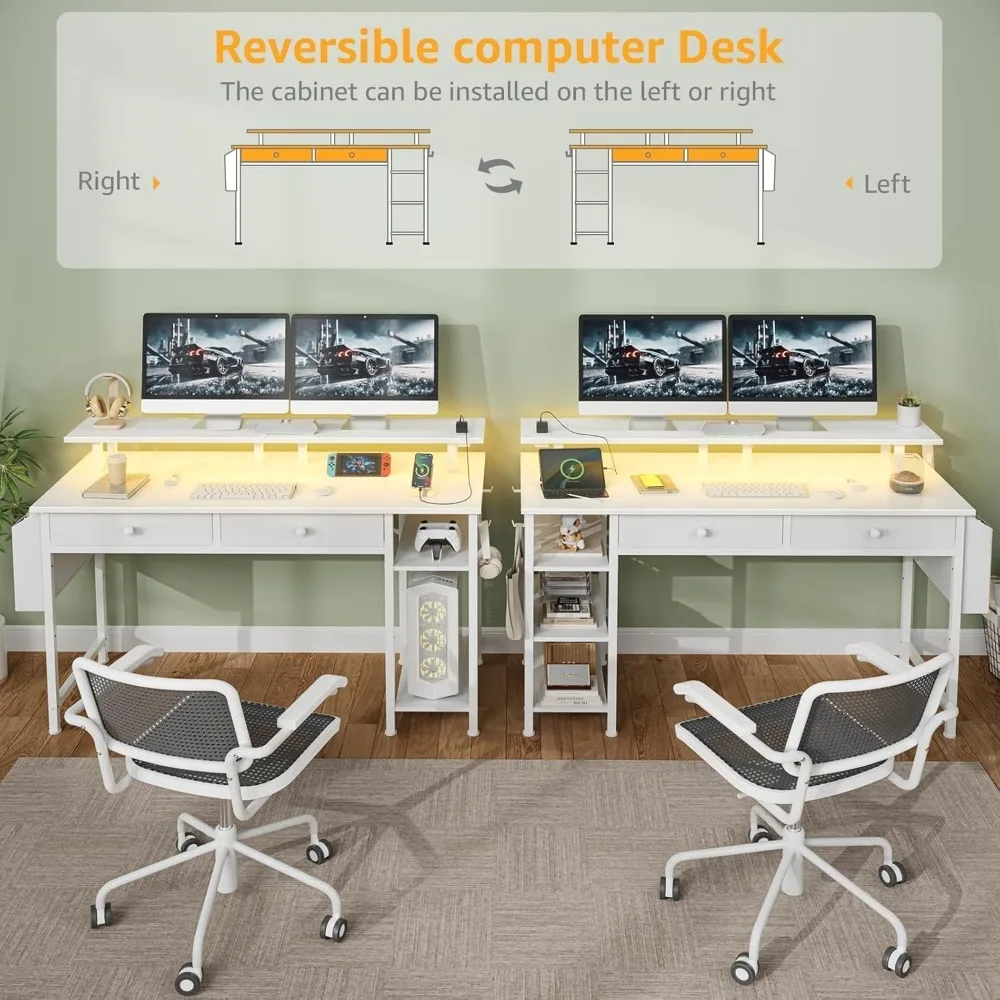 Meja Komputer Putih dengan Rak dan Laci - Meja Kantor Rumah 47 Inci dengan Laci dan Rak, Meja Putih Kecil dengan Rak,