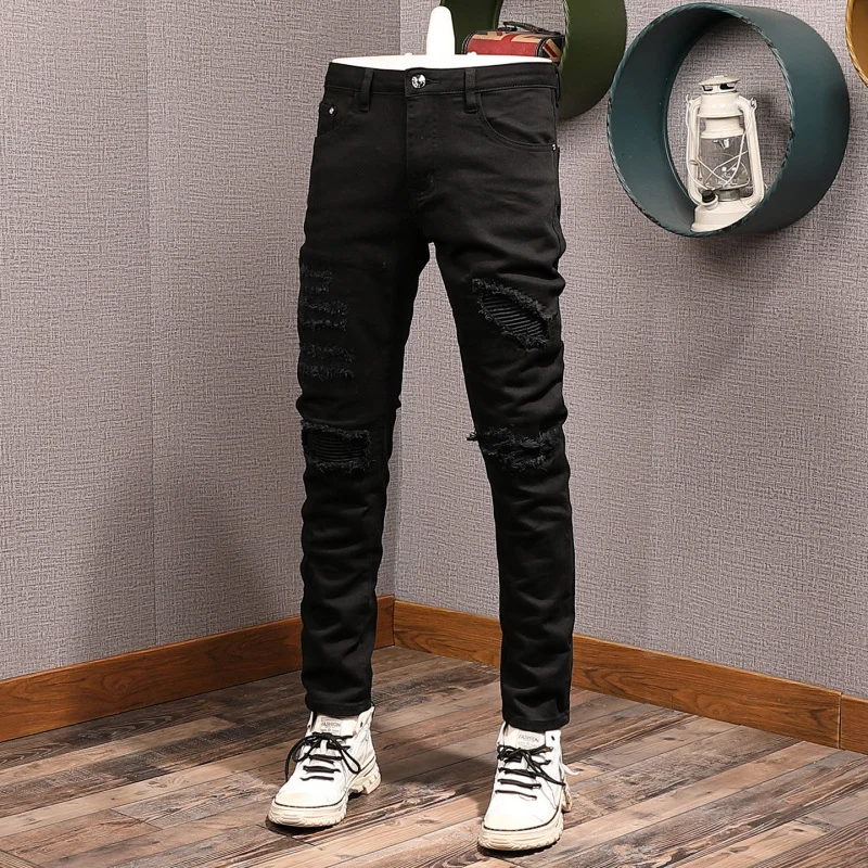 

Мужские джинсы премиум-класса в американском стиле, черные, с потертостями и нашивками, модная уличная одежда, облегающие брюки стрейч-фит с зауженным низом