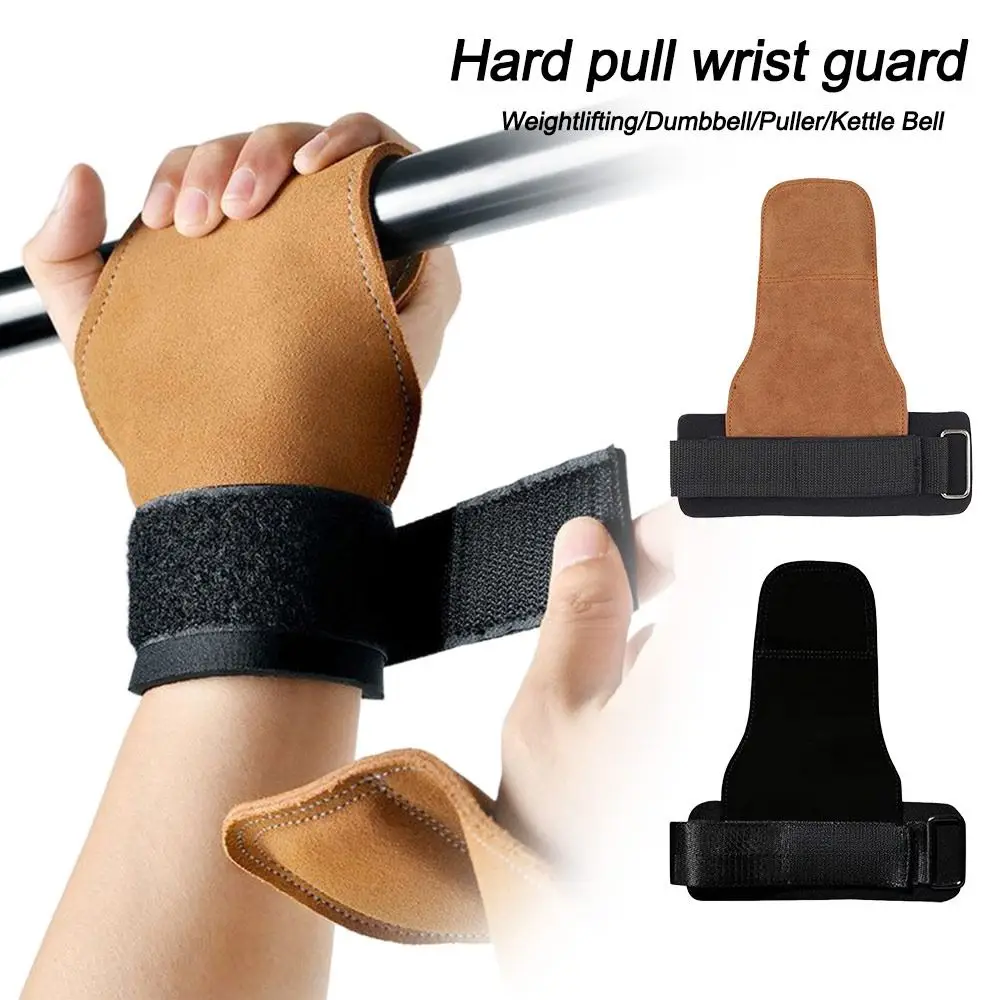 Double Layer PU Leather Gloves Cowhide Palm Anti-Skid Gym Training Gloves Wrist Strap Grip Pads Pull-Up Gloves