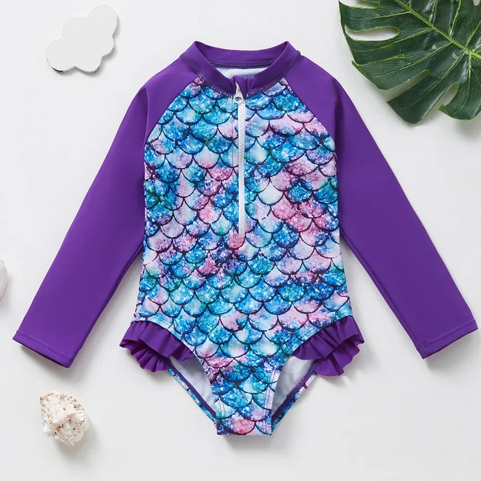 Baby Girls Rash Guard Swimsuits Fish Scale Print Zip Up Long Sleeve Stand Collar Baby Girls Swimwears Bathing Suit 3 4 5 6 8 Yrs