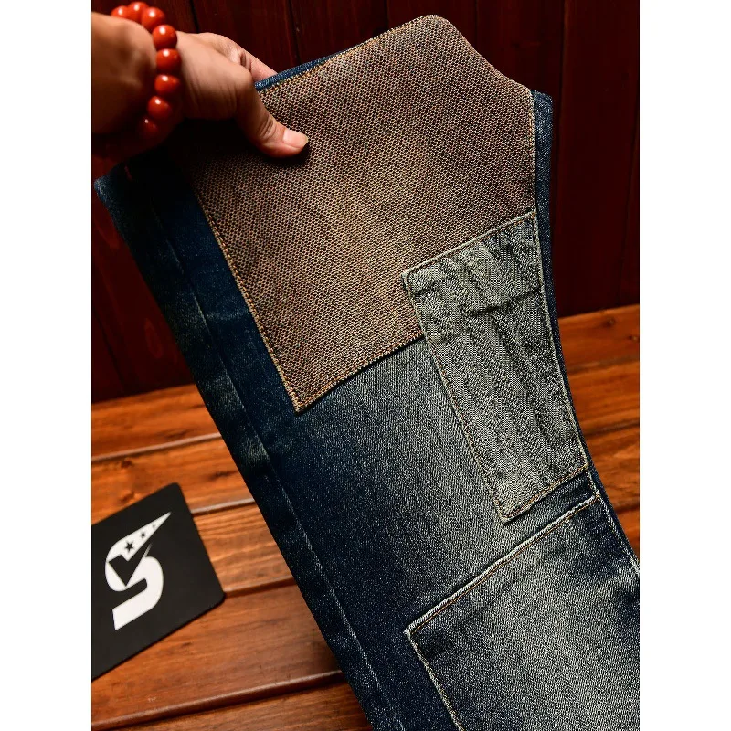Autumn Vintage Jeans for Men Slim Fit Patchwork Trendy Street Fashion Personality Retro Long Pants