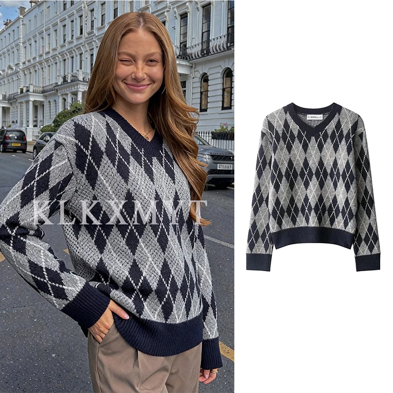 

Women Sweater Pullover 2025 Autumn Winter Fashion V-Neck Long Sleeves Printing Women Sweater Pullover Elegant Hight Street Top
