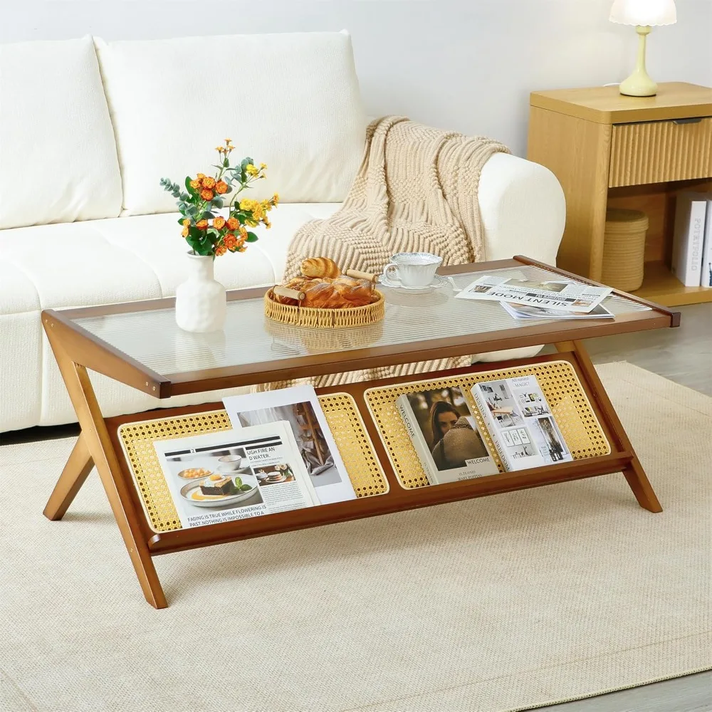 

Coffee Table, Accent Rattan Coffee Table with Glass Top, Mid-Century Wooden Center Tables, Modern Sofa Side Tea Tables wi