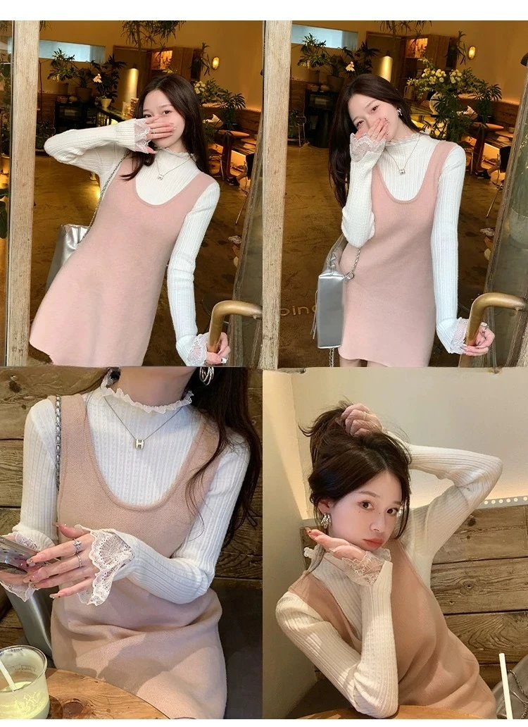 Herbst Winter Rollkragen Dünne Elastische Gestrickte Pullover Frauen Einfarbig Tops Weibliche Lange Ärmel Stricken Patctwork Spitze Pullover – Detail 11