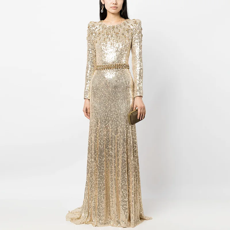 Quality In-Stock Evening Dress 2025 European and American Celebrity Heavy Beading and Rhinestone gold Sequin Long Dress