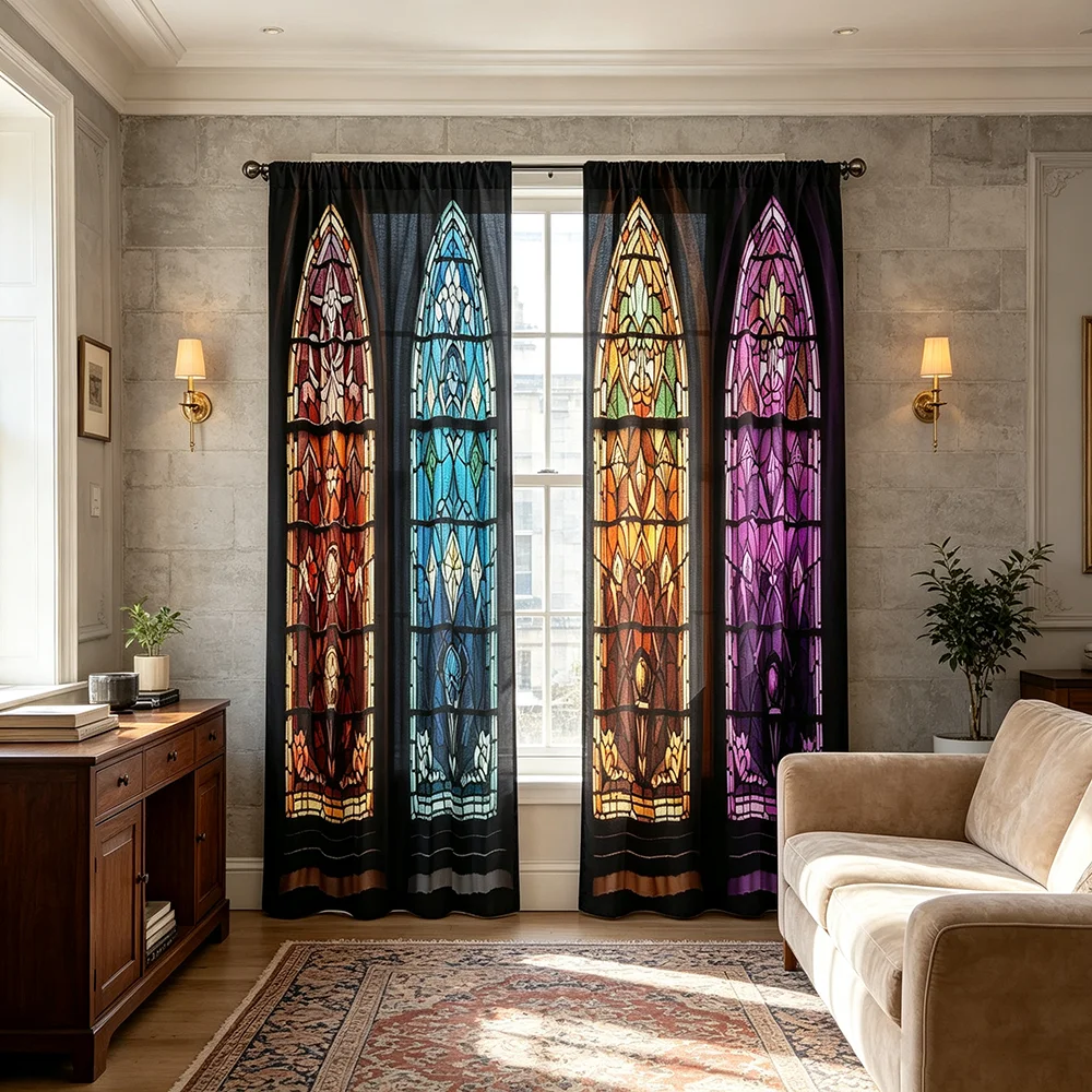 2PCS Colorful Gothic Arch Stained Glass Print Curtains, Vintage Church Window Art Semi Sheer Drapes, Unique Art Decor Curtain