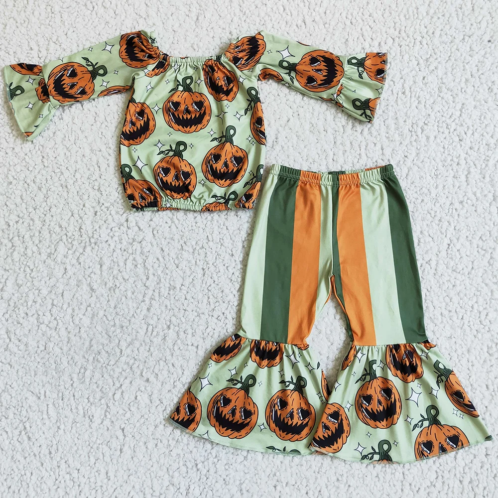 

RTS Wholesale Baby Girls Clothes Short Sleeve T-shirt Bell Pants Set Halloween Pumpkin Boutique Girls Clothing Children Outfits