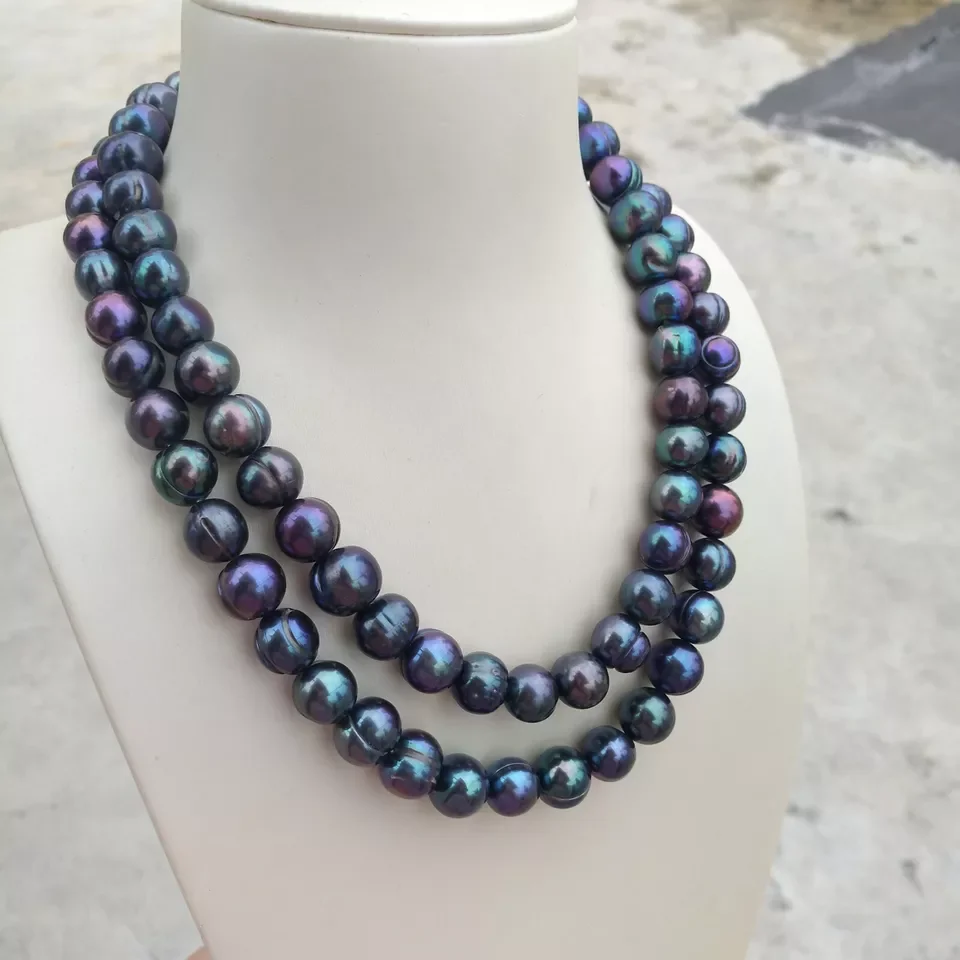 Single string pearl necklace AAA 10-12mm natural South Sea peacock black pearl necklace 14k gold 16-36 inch