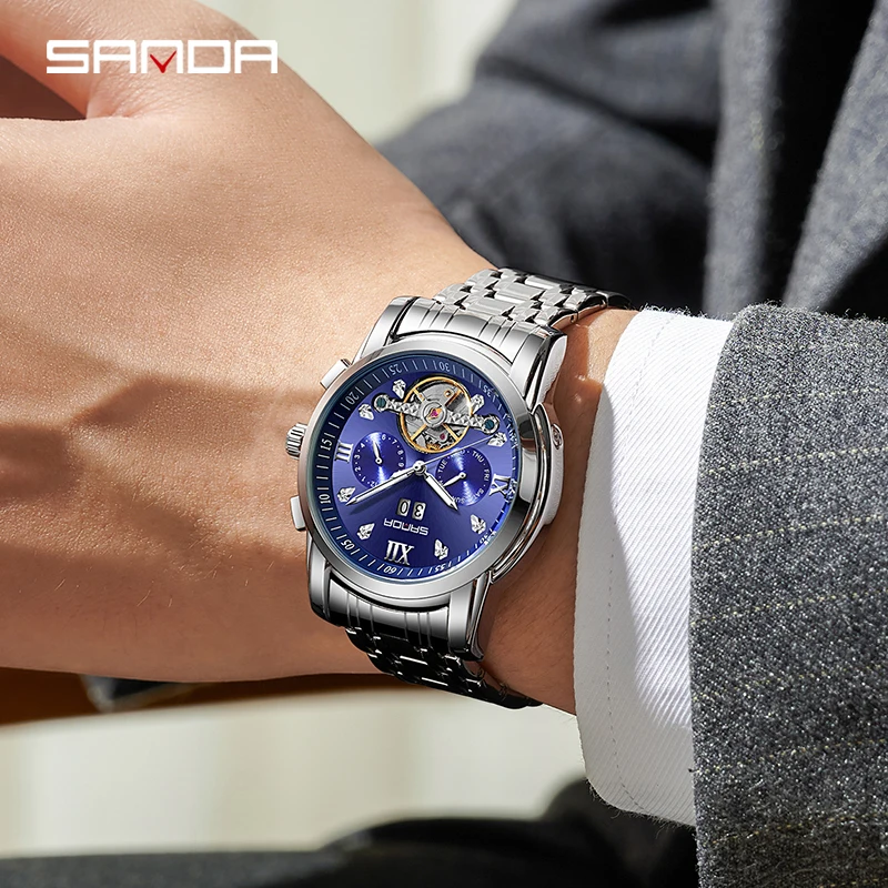 SANDA New Fashion Tourbillon Mechanical Watches Stainless Steel Strap Automatic Watch Top Brand Luxury Men Watch 30M Waterproof