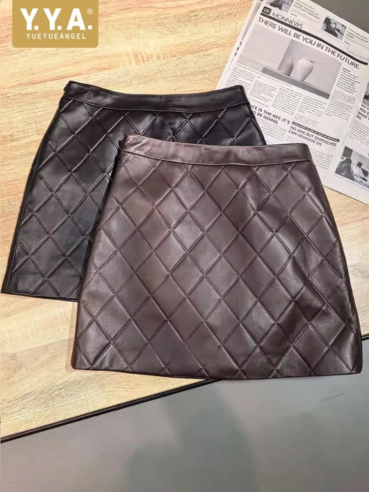 Hot Sexy Women Mini Wrap Skirt High Waist Vintage Plaid Soft Sheepskin Genuine Leather Skirts Lady Slim Fit Night Clubwear Skirt