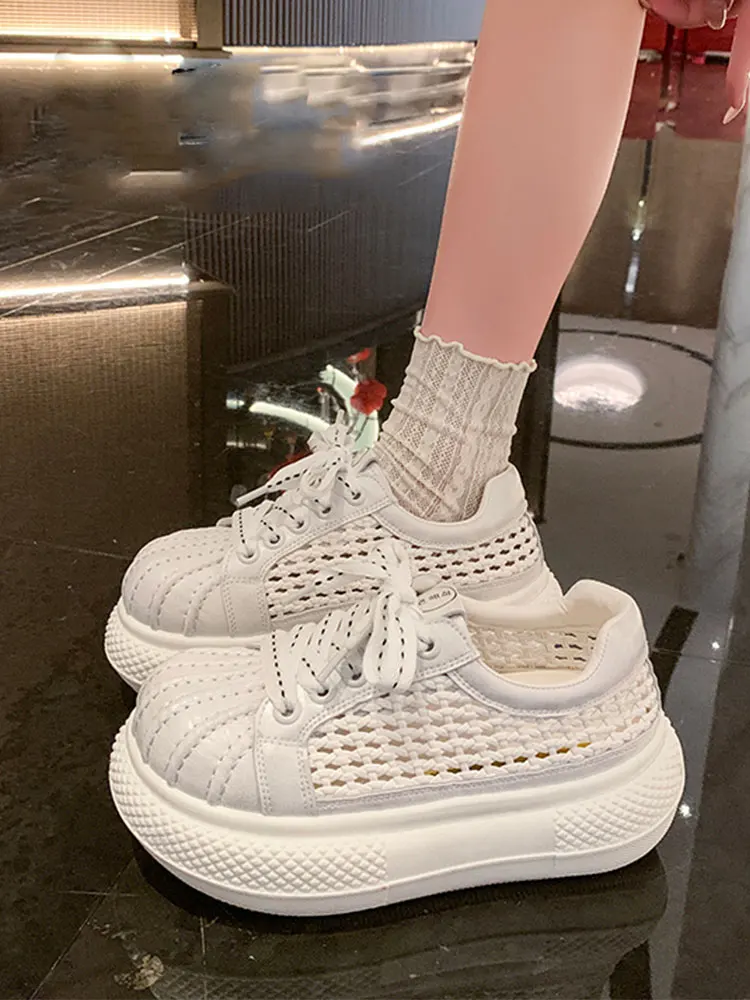 Light  Head Thick Bottom Casual Shoes Women's Platform Shoes Summer Mesh Versatile Laced Low Top Flat Foot Support