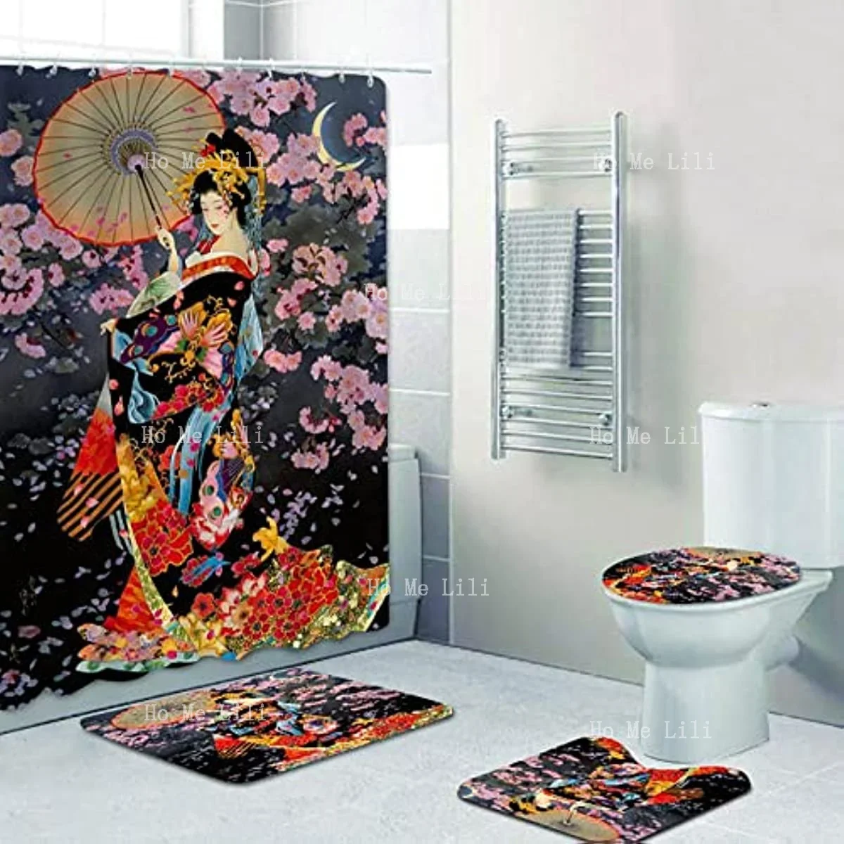 4Pcs Shower Curtain Set in Home Bathroom Japanese Geisha Girl Bath Curtains Traditional Woman Art Mats Deco