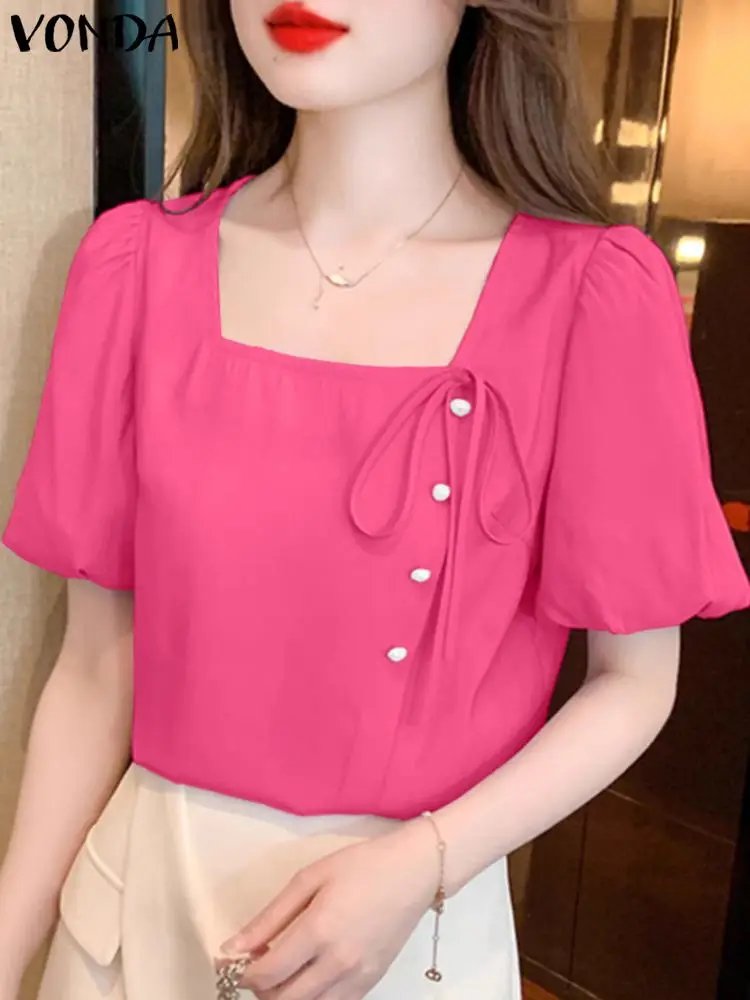 

VONDA Elegant Blouses 2024 Summer Women Square Collar Shirts Casual Solid Color Tunic Tops Bandage Sexy Fashion Blusas Femininas