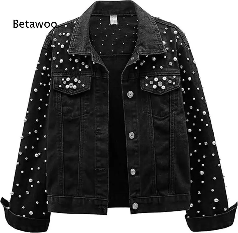 Women's Rhinestone Studded Denim Jacket with Long Sleeves and Relaxed Fit, Light Blue Casual Jean Coat for Spring Autumn