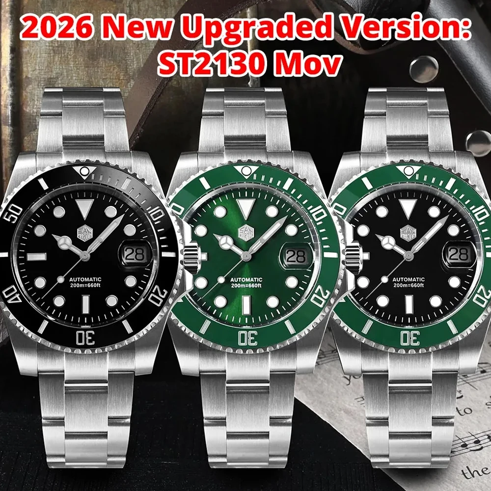 San Martin SN0017G 40mm Men Watch ST2130 Automatic Mechanical Sapphire Waterproof 200m Luxury Stainless Steel Wristwatch