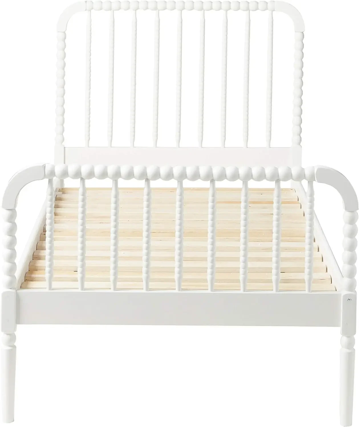 Jones Country Farmhouse Wood Jenny Lind Bobbin Twin Size Open Frame Fully Slatted Platform Bed Frame White