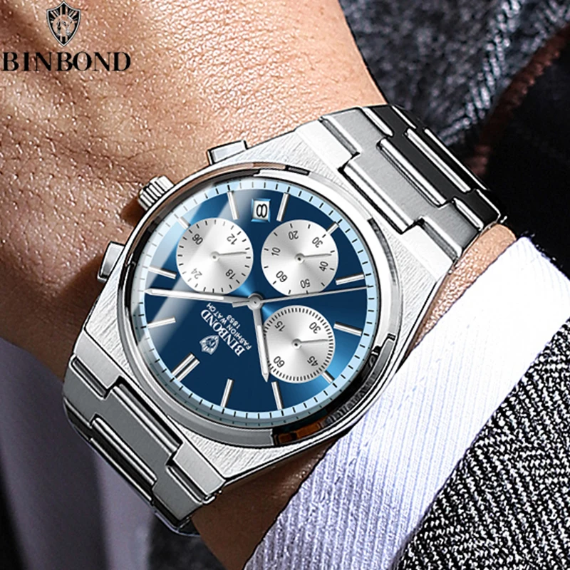 BINBOND Top Brand Luxury Watches for Man Quartz Sports Men Watch Waterproof Luminous Stainless Steel Chronograph Men Clock