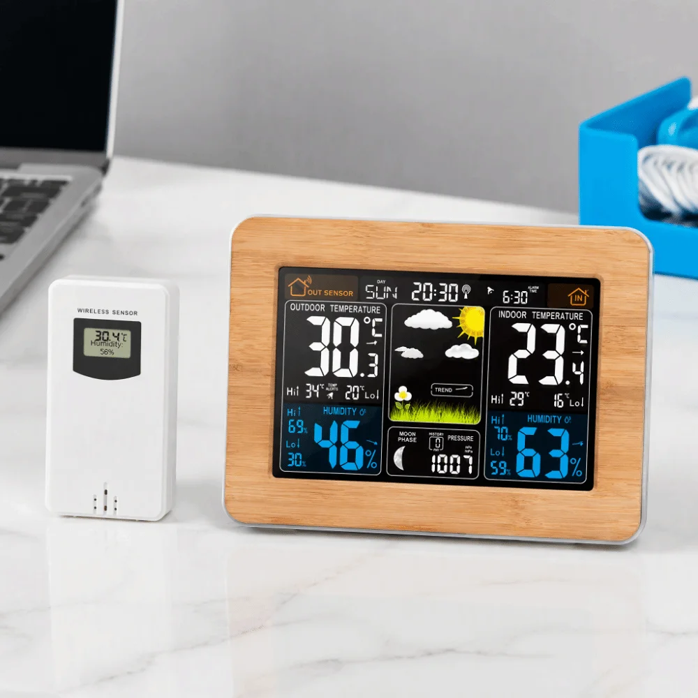 Wireless Weather Station Remote Sensor Atomic Clock Digital Thermometer Barometric Pressure Color Display
