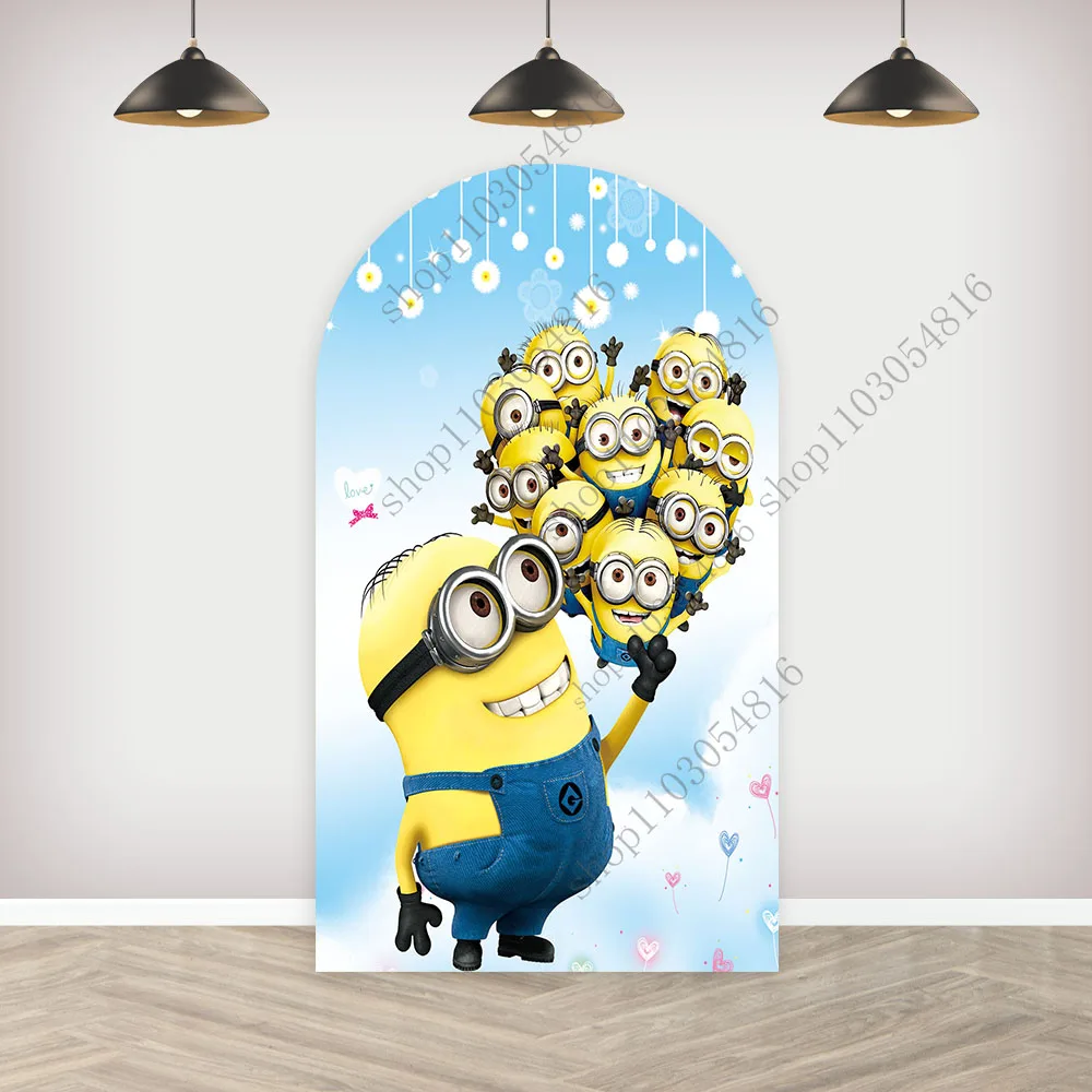 MINISO The Minions Arch Fondale fotografico Parete ad arco blu per bambini Festa di compleanno Baby Shower Sfondo fotografico bifacciale