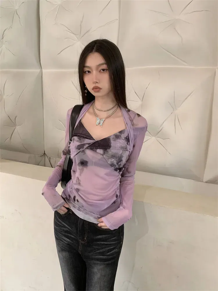 Genayooa Streetwear Purple Mesh Top Long Sleeve See Though Spring Summer T Shirt Women Clothes Y2k Tie Dye 90s Tee Shirt Femme