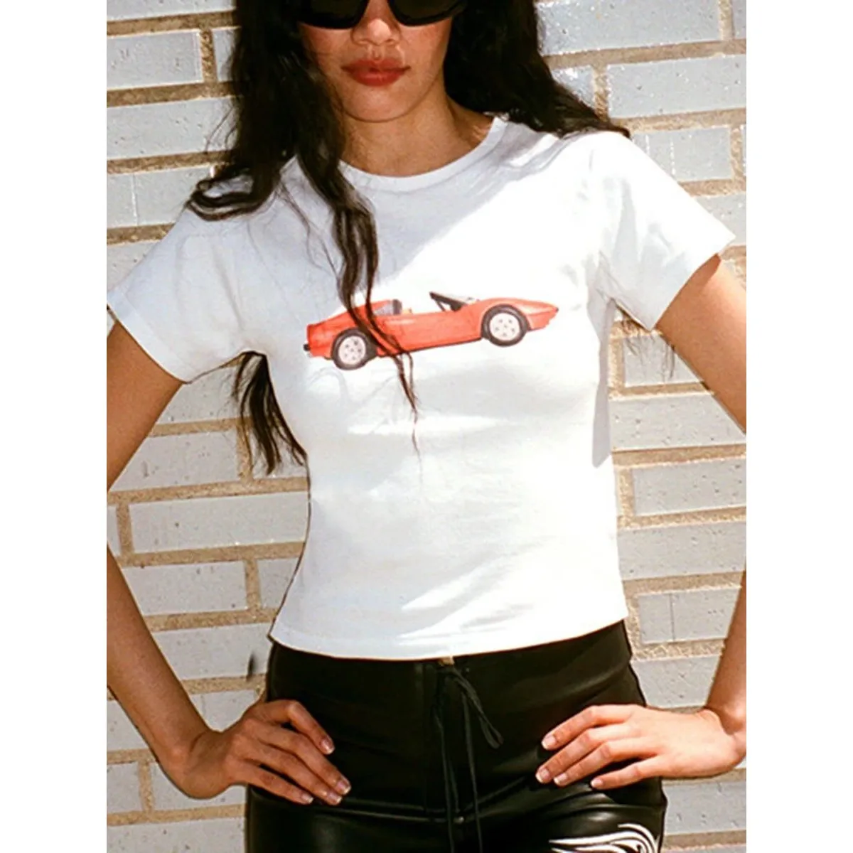 

Summer Women's Organic Cotton T-irt Car Pattern Print O-Ne Top Eco-Friendly Faion Ladies' Tee