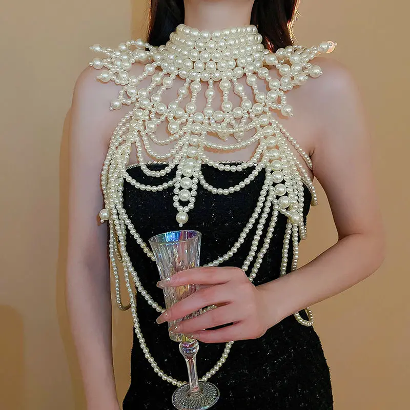 Handwoven pearl necklace, exaggerated luxury in Europe and America, body chain, niche luxury, fashionable accessories