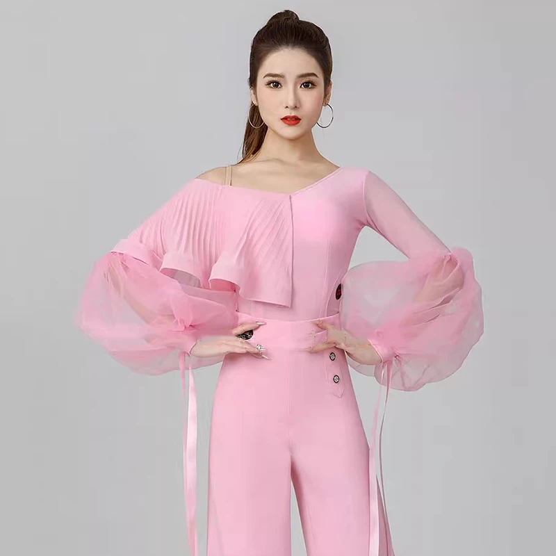 2025 novas roupas de dança moderna high-end feminino latina topos puff manga dança de salão wear collant manga longa valsa bodysuit