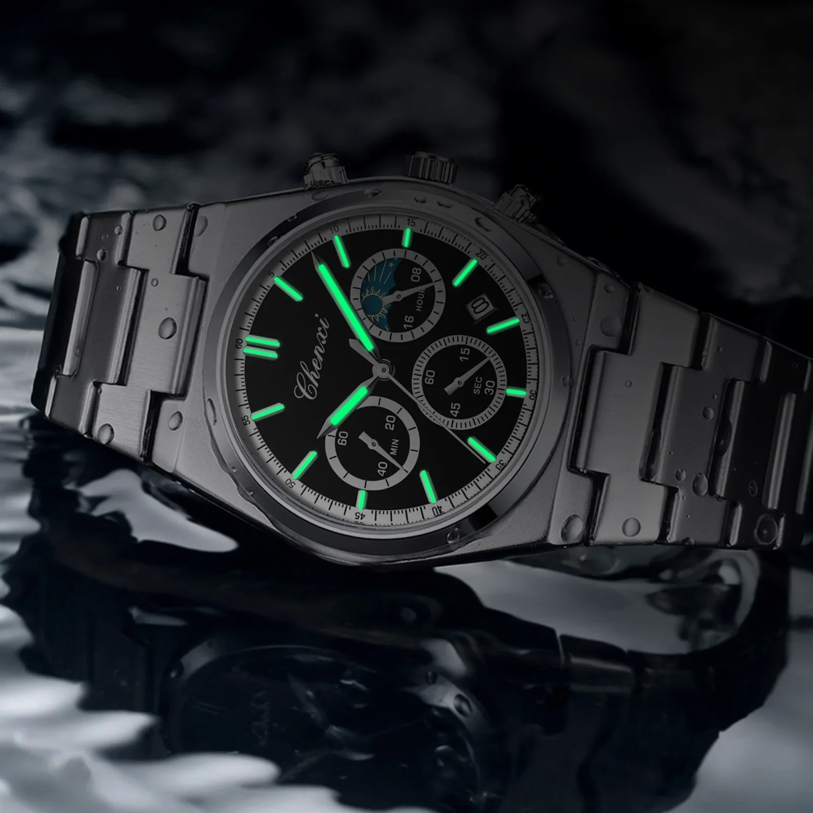 Classic Men's Date Chronograph Moon Phase Watch, Sport Military Waterproof Quartz Wristwatches Luxury New 2025 CHENXI Watch Man
