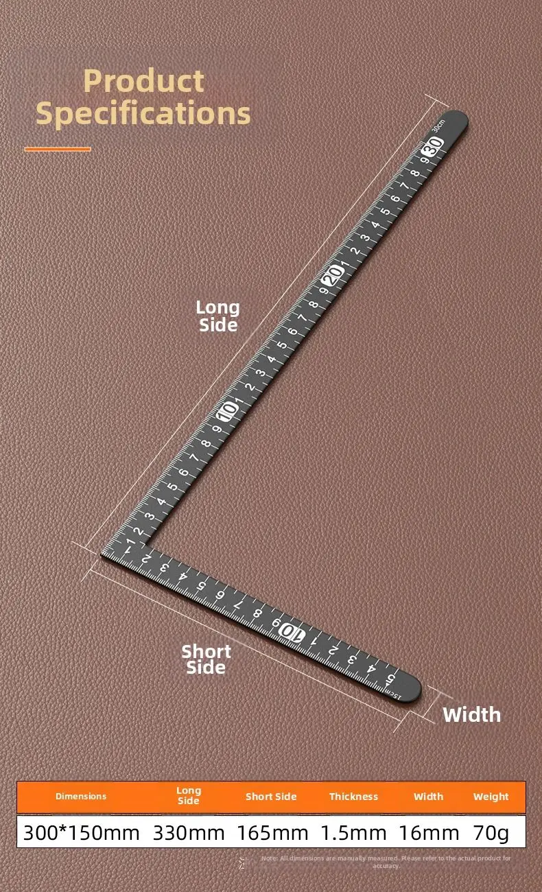 Carbon Steel Angle Ruler 30cm Double-Sided Metric Scale, Stainless Steel Measuring Tool For Leather Cutting & Pattern Making