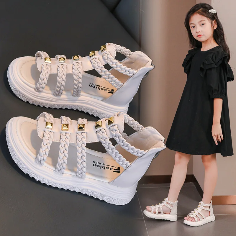 Girls Sandals 2024 Summer New Fashion Children Roman Shoes High Top Back Zipper Princess Kids Shoes Baby PU Solid Color Sandals