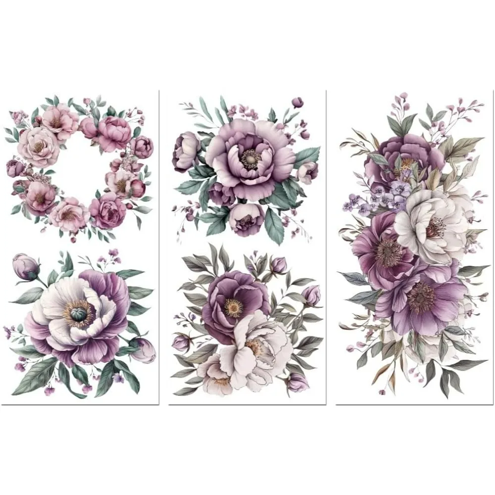 Reiben Sie den Transferaufkleber für Möbel, Basteln, Dekor, 15,2 x 30,5 cm, rosa und lila Blumen, 3 Stück, wasserfest, UV-DTF-Transfer