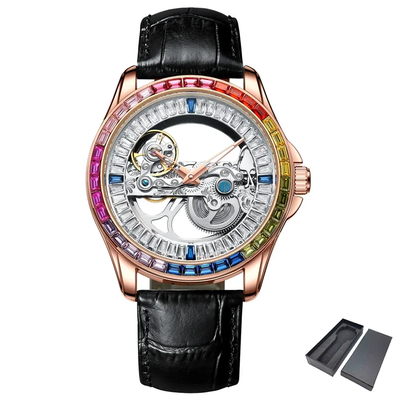 Luxury Watch Men Automatic Tourbillon Mens Watches Iced Out AAA Diamond Wristatch Hollowed Mechanical Male Clock Waterproof