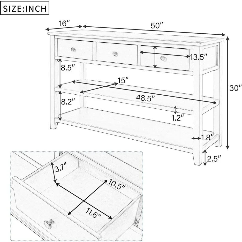 Double Partition Console Table,Solid Wood Sofa Table with Three Drawers and Two Shelves,for Entryway Hallway Living Room Bedroom