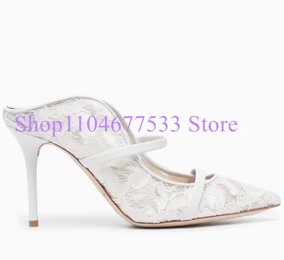 

White Lace Lady Pumps Sexy Pointed Toe Buckle Strap Thin Heel Woman Sandals Fashion 8/10cm Heel Dress Party High Heels Shoes