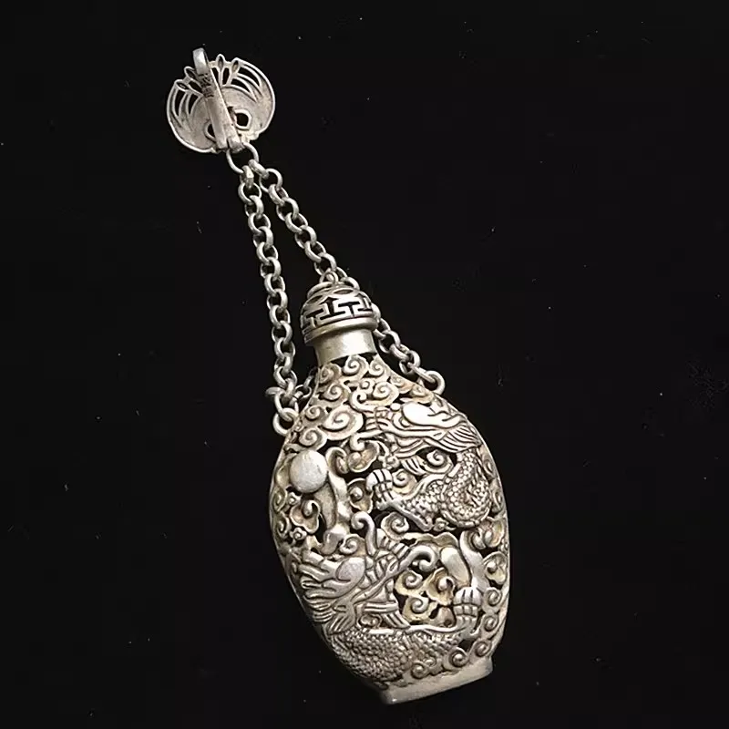 Exquisite Tibetan Silver Hollow-out Double Dragon Sachet Decoration Pendant
