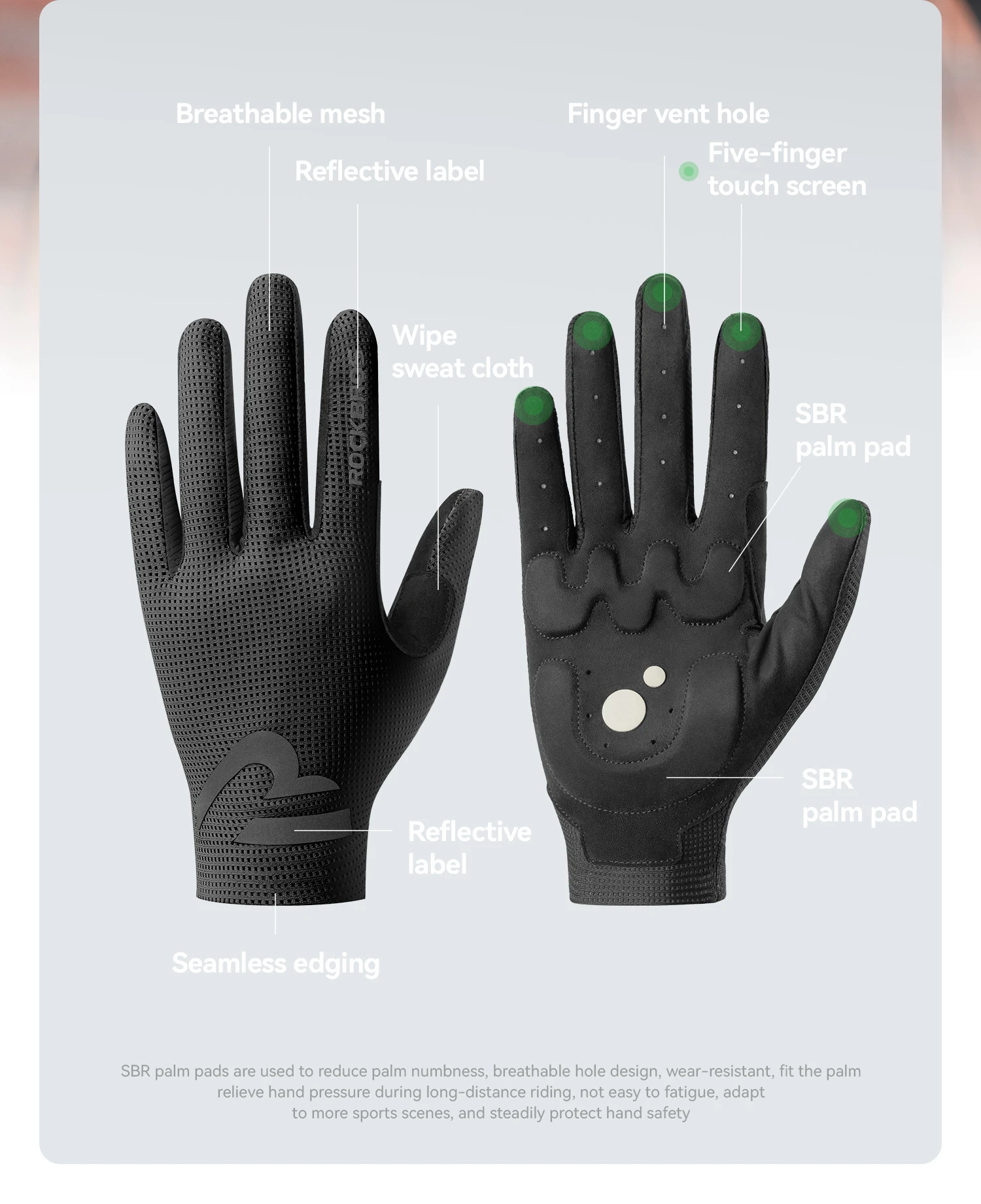 ROCKBROS Fahrradhandschuhe mit Vollfingerbedeckung, Touchscreen-fähig, Atmungsaktiv, Rutschfest, Stoßdämpfende Handflächenpolsterung – Detail 5