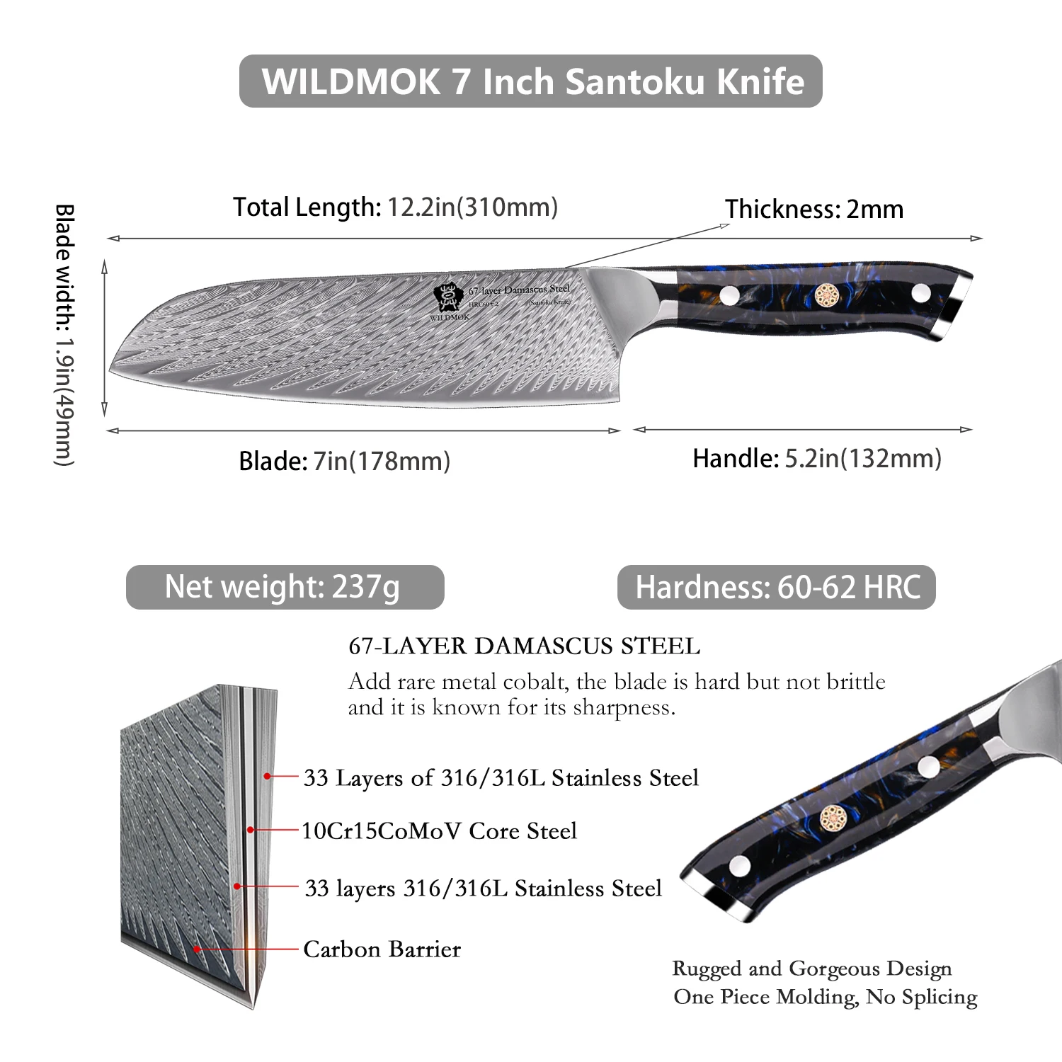 WILDMOK Santoku Knife 7' Kitchen Knife, Ultra Sharp with Japanese Damascus VG10 Steel Santoku Knife, Ergonomic Resin Handle