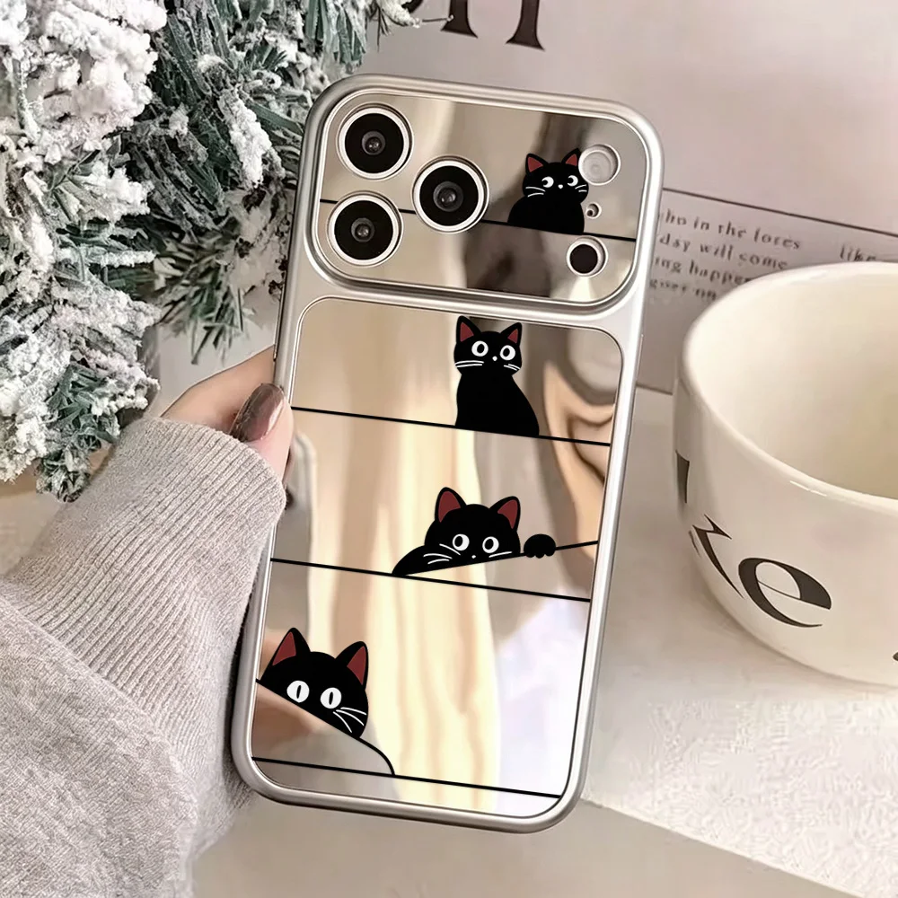 Cute Black Cat Phone Case For iPhone 17 Pro 16 15 13 14 11 12 18 Pro Max Make Up Mirror Shockproof Large Window Soft Cover Funda - view 4