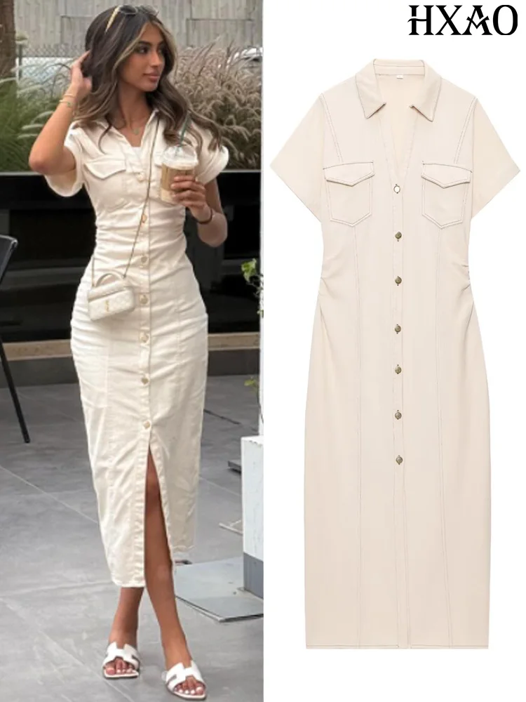 HXAO Denim Women's Dress Button Off White Short Sleeve Midi Dresses Summer New Denim Long Dresses Office Elegant Female Clothing