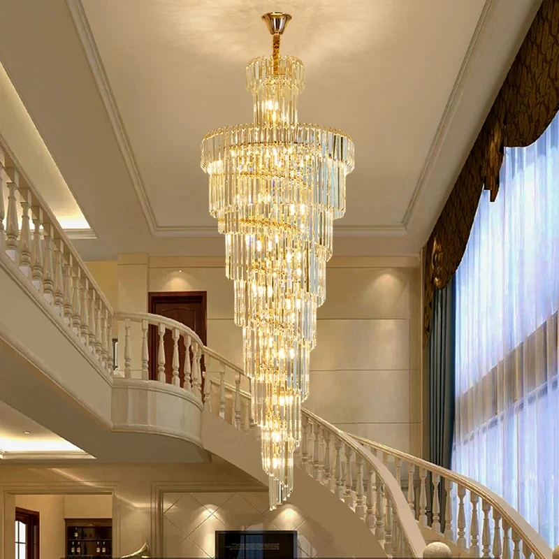 

Long Crystal Staircase Gold Chandelier Modern Loft Crystal Lamp Luxury Villa Hotel Hall Living Room Large Chandelier Home Decor