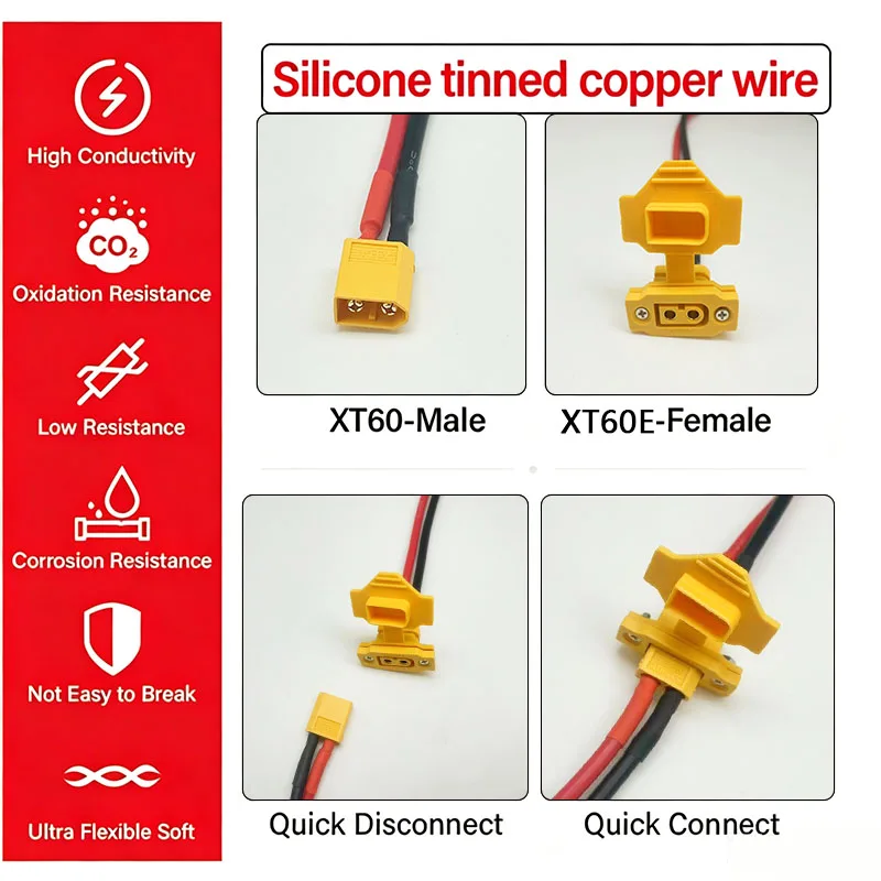 Original Fixed-Type XT60E-Female to XT60-Male/XT60H-Male Power Cable, Supplied with 12 AWG Silicone-Coated Cable (0.3m~10m)