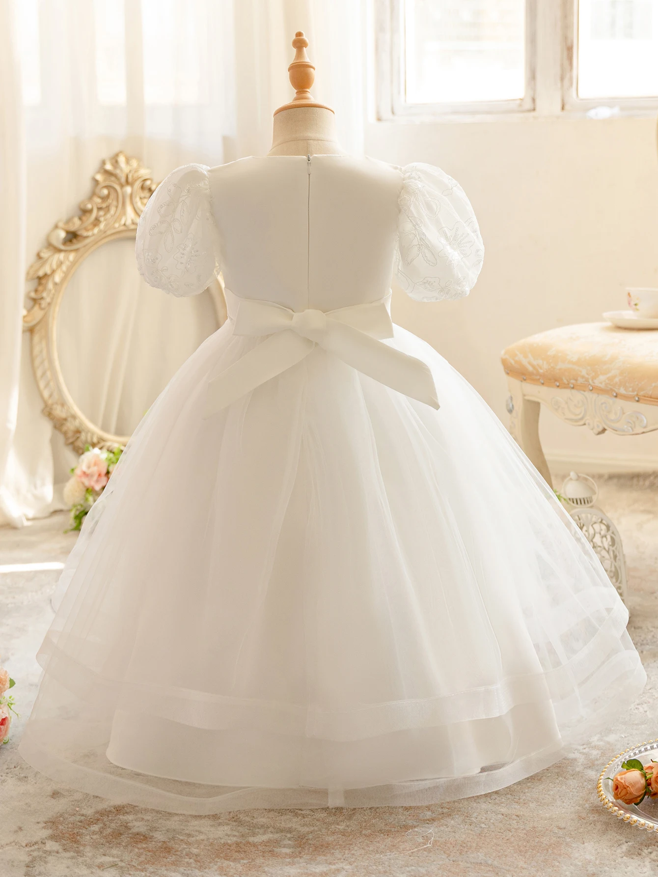 Girls\' Dresses Party Frocks Kids Ankle-Length Wedding Dress White Children Wedding Flower Garments