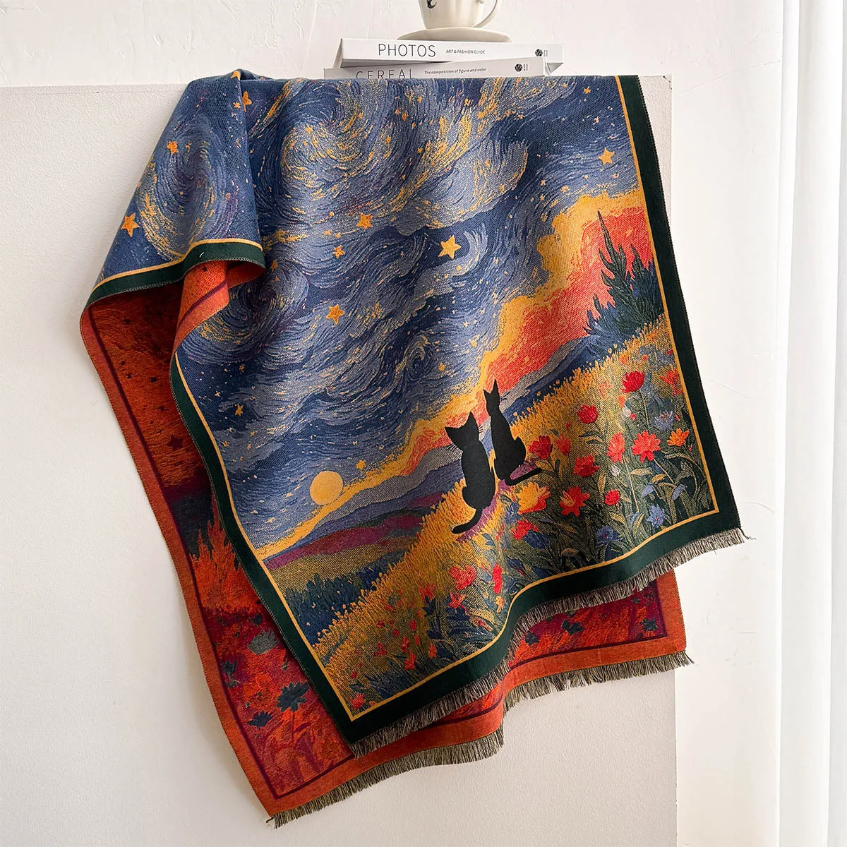 Autumn Winter Women Imitation Cashmere Reversible Scarf Van Gogh Starry Night Double Cat Oil Painting Print Tassel Shawl Wrap