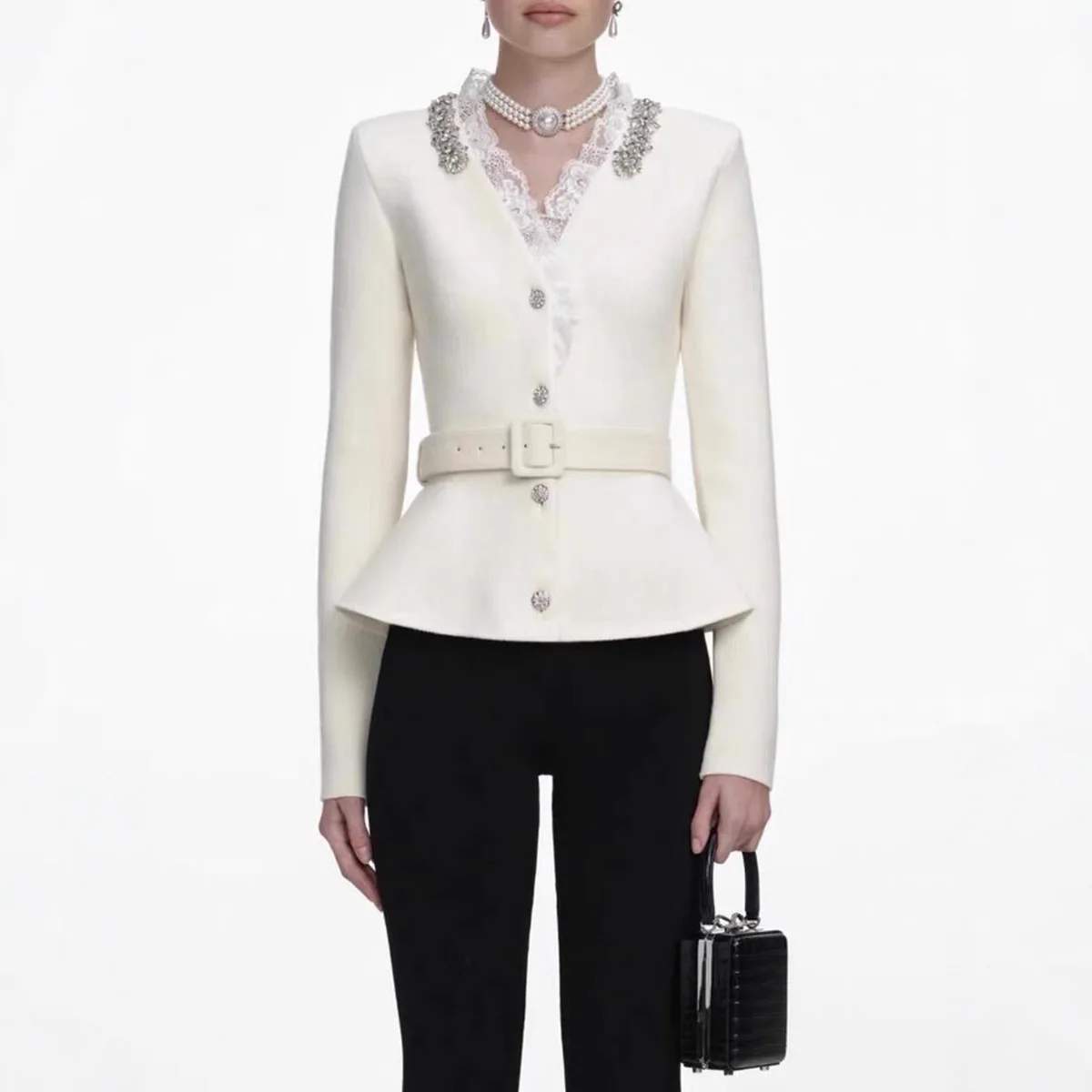 Mulheres rendas diamante malha cardigan jaqueta com decote em v temperamento moda casaco